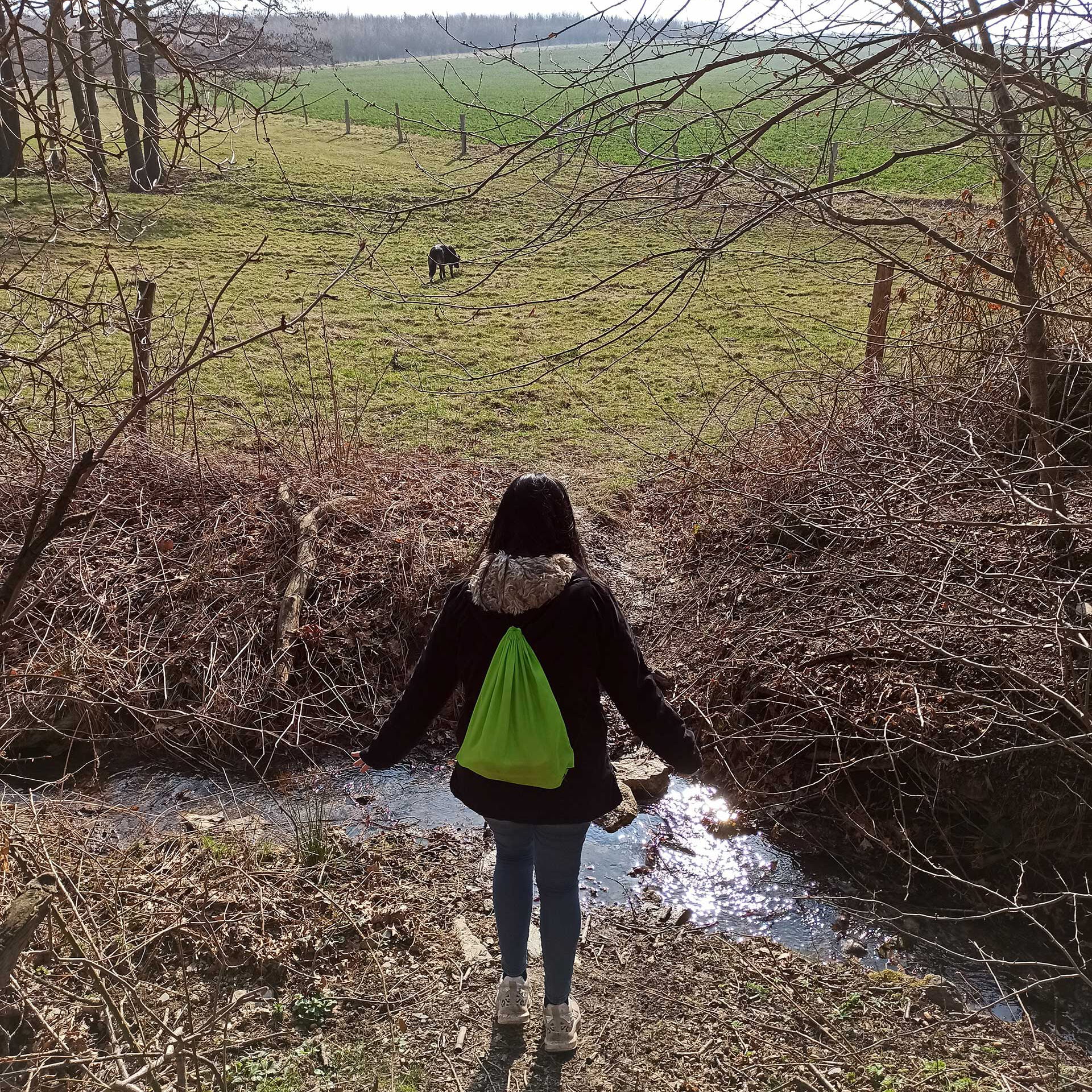 Eine junge Frau steht mit dem Rücken zur Kamera vor einem Bach und einer Wiese.