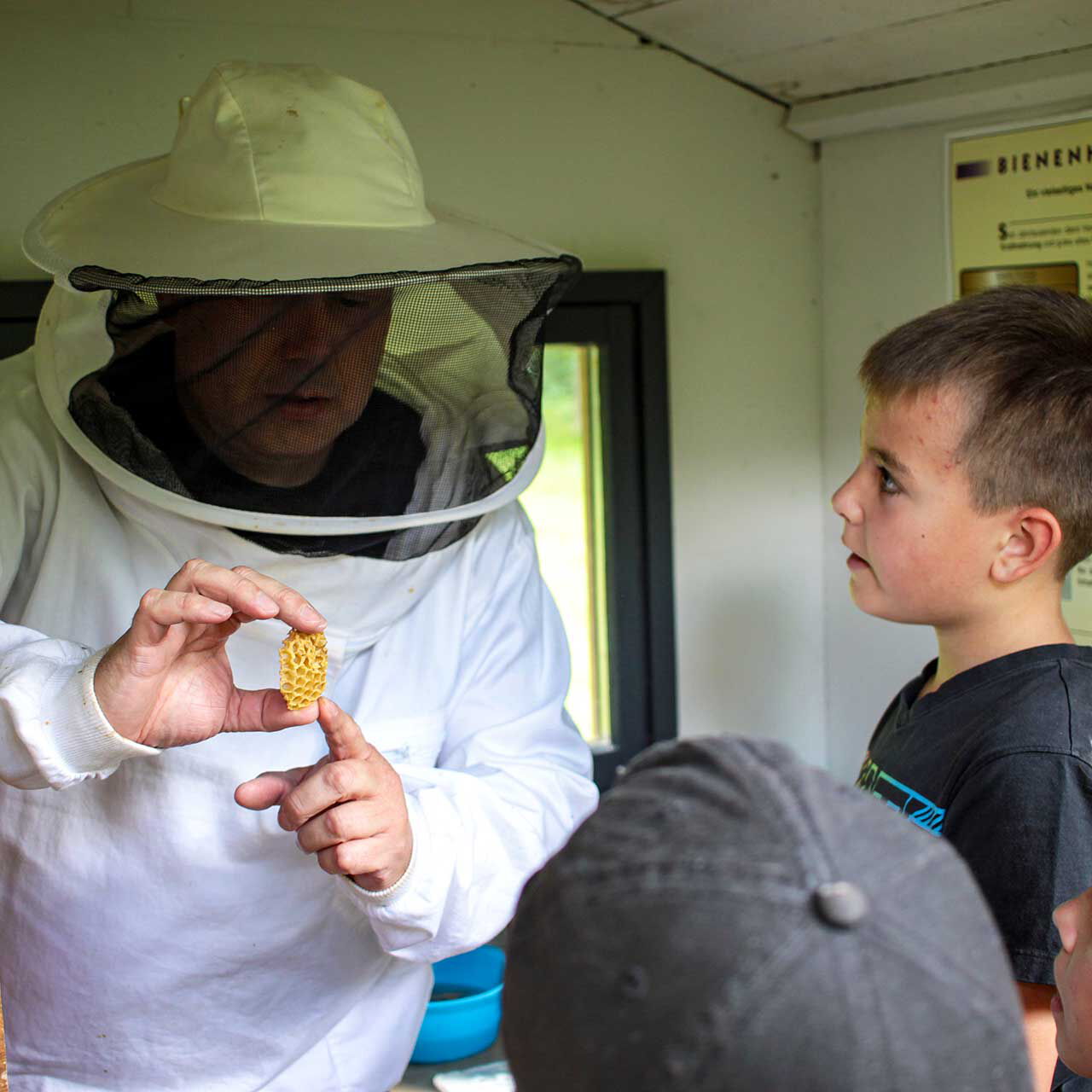 Ein Imker mit Schutzanzug zeigt drei Kindern eine Bienenwabe.