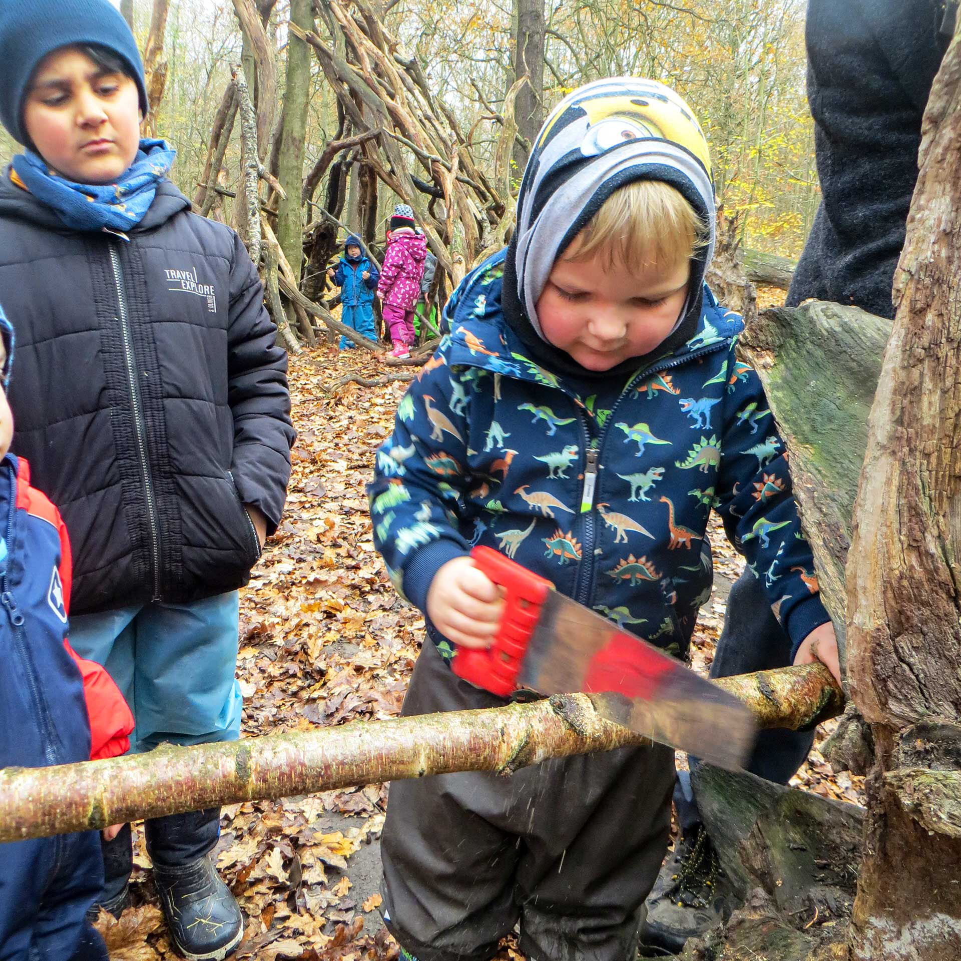 Ein Kleinkind bearbeitet mit einer Säge einen Ast im Wald. Im Hintergrund schauen Kinder zu und zwei Kind spielen im Wald.