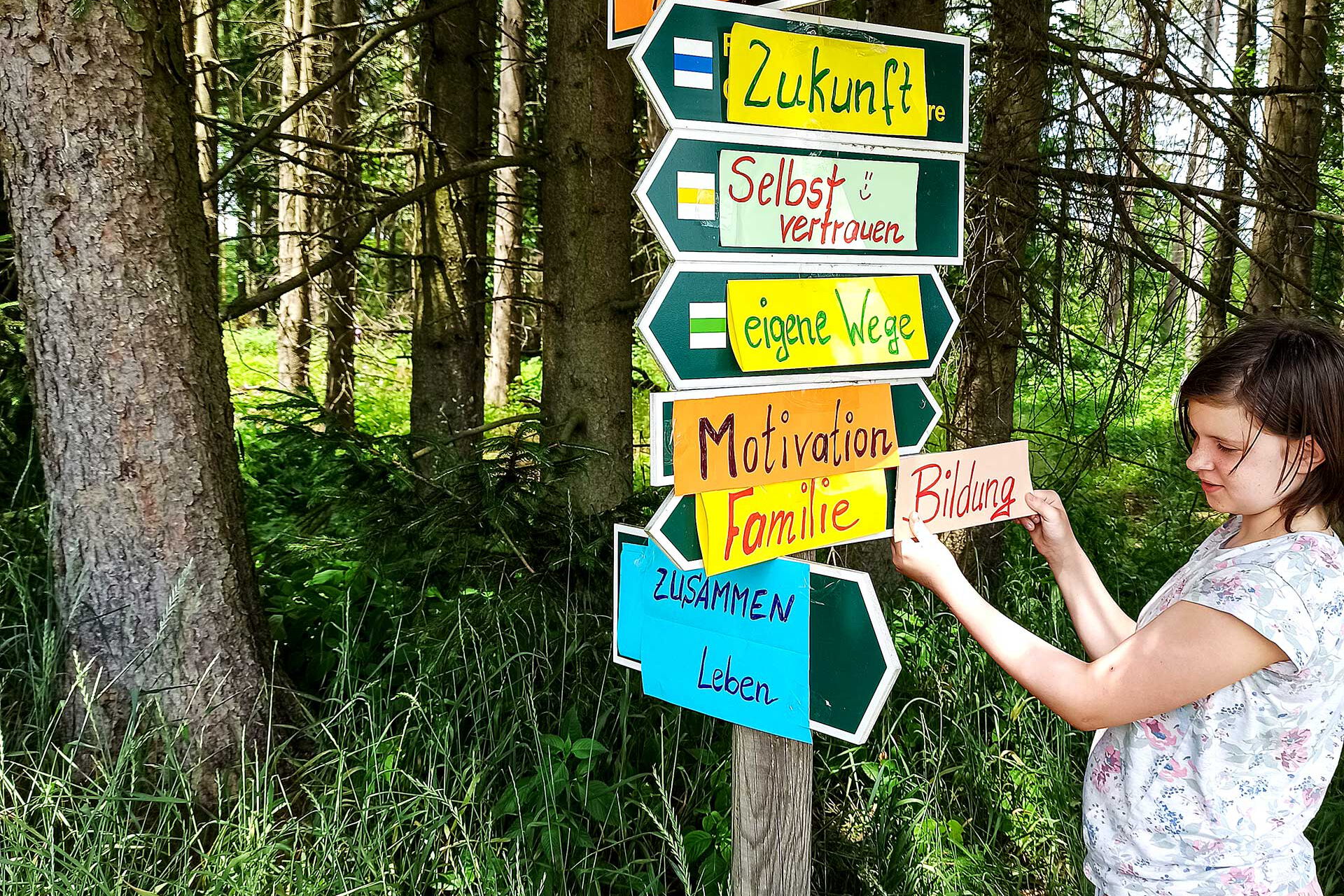 Ein Mädchen steht vor einem Wegweiser im Wald. Die Schilder sind mit den Worten Zuversicht, Mut, Zukunft, Selbstvertrauen, eigene Wege, Motivation, Familie, Bildung und zusammen leben beschriftet.