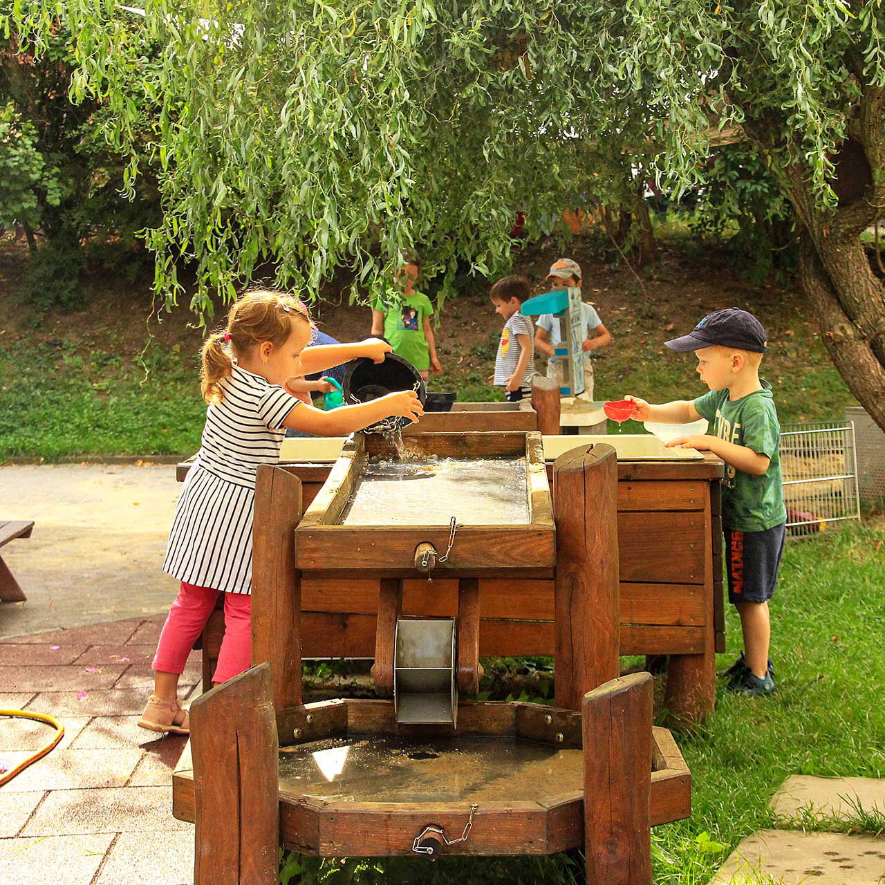 Die große Matschanlage im Gartenbereich der Kita. Es spielen viele Kinder mit Eimern und Schaufeln am Wasser.