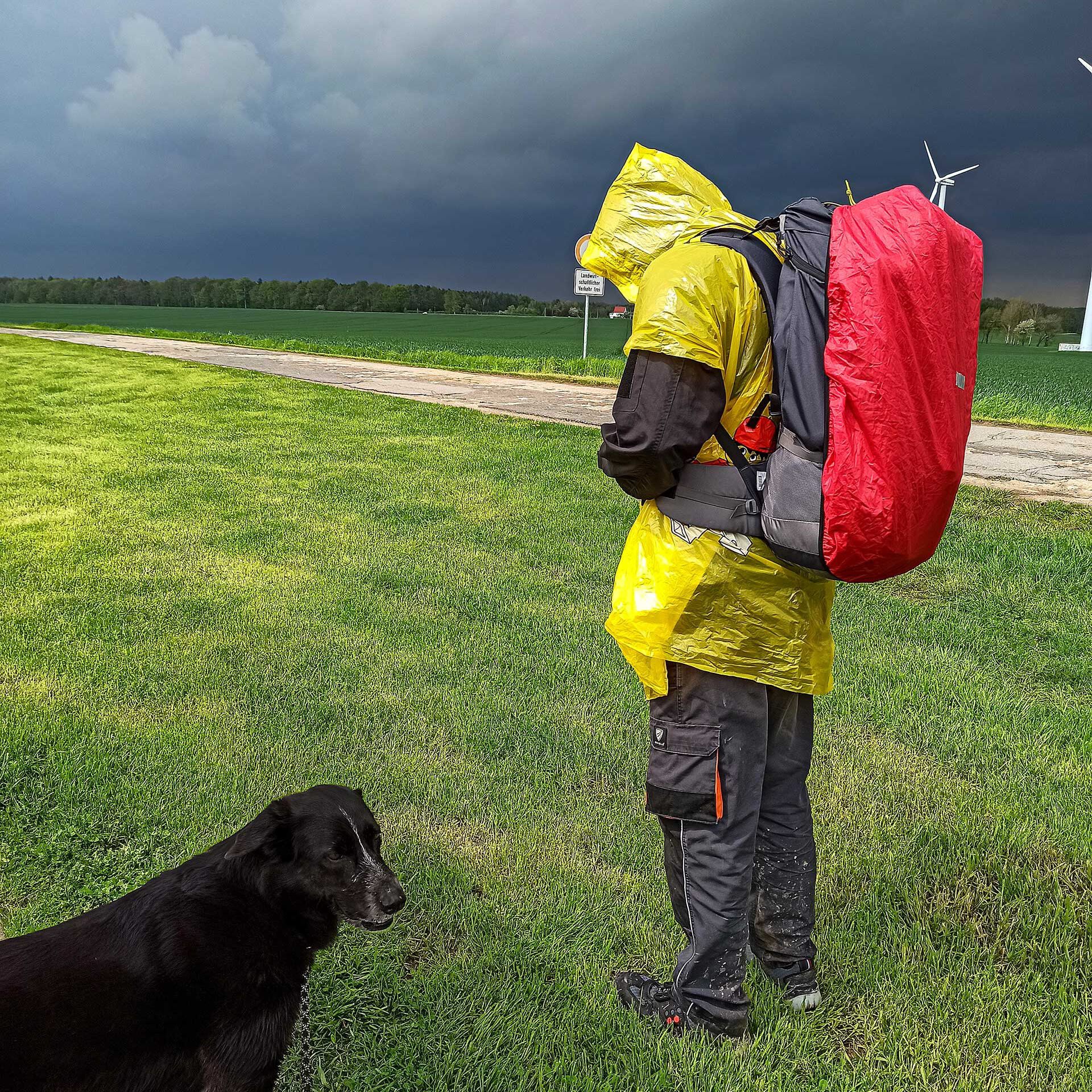 Ein junger Mann wandert im Regen mit seinem schwarzen Hund.