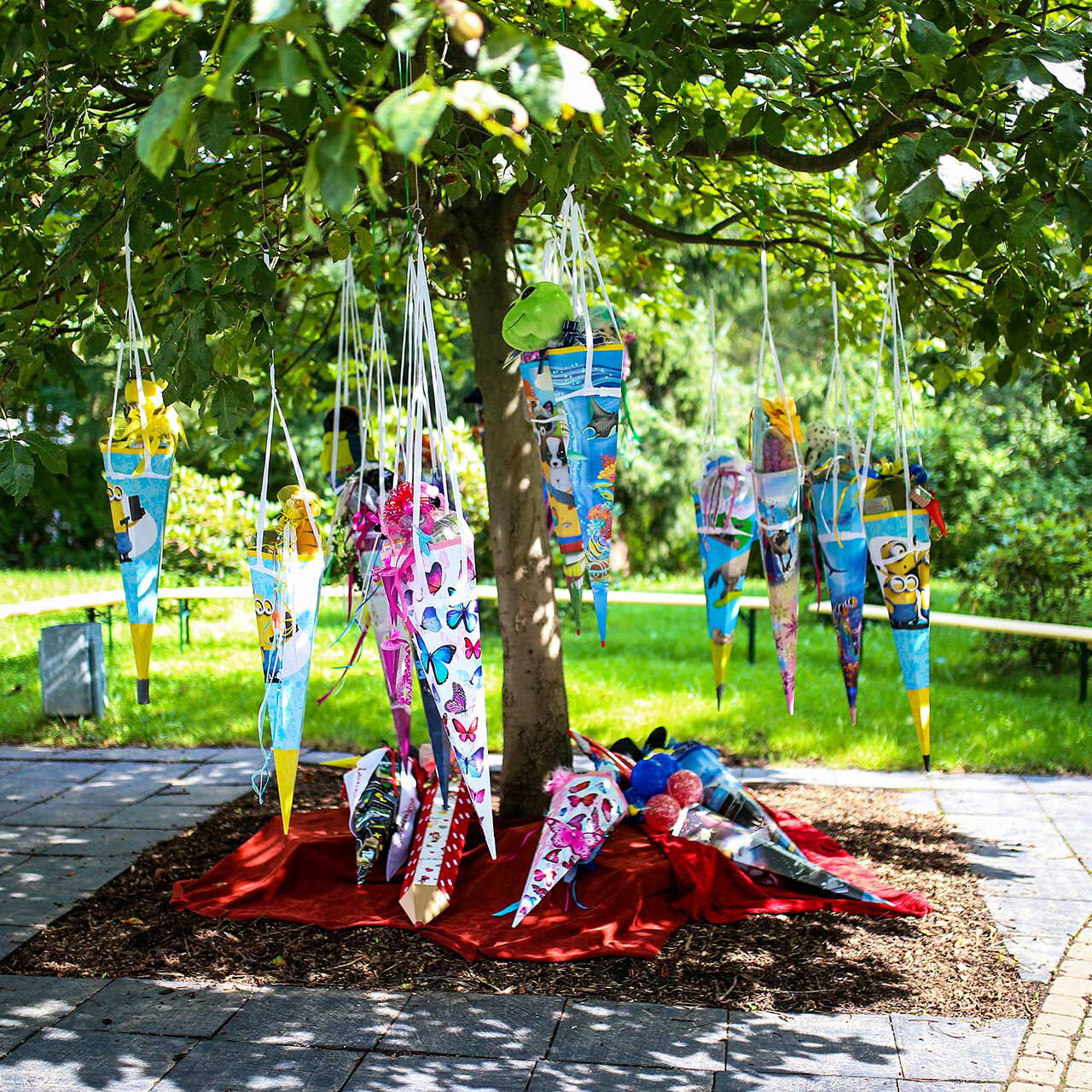 An einem Baum im Außengelände hängen Zuckertüten für die Schulanfänger.