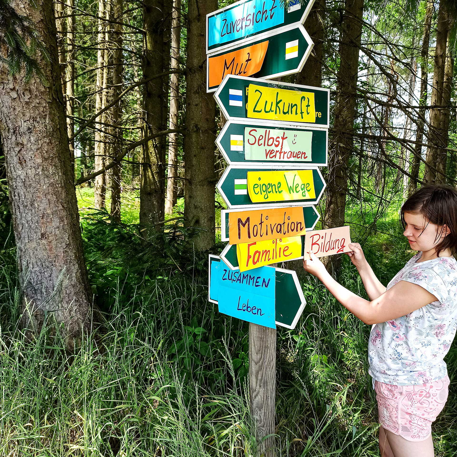 Ein Mädchen steht vor einem Wegweiser im Wald. Die Schilder sind mit den Worten Zuversicht, Mut, Zukunft, Selbstvertrauen, eigene Wege, Motivation, Familie, Bildung und zusammen leben beschriftet.