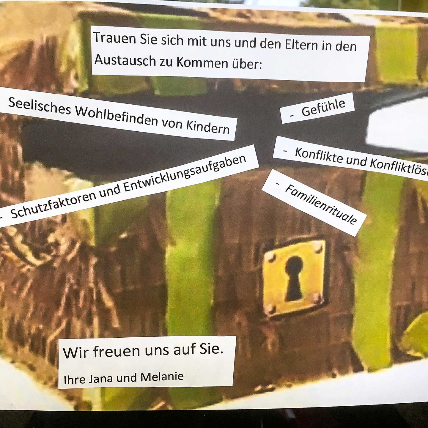 Ein Bild einer Schatzkiste mit Themenschwerpunkten Gefühle, Familienrituale, Schutzfaktoren, Konfliktlösung und seelisches Wohlbefinden des Kurses Schatzsuche.