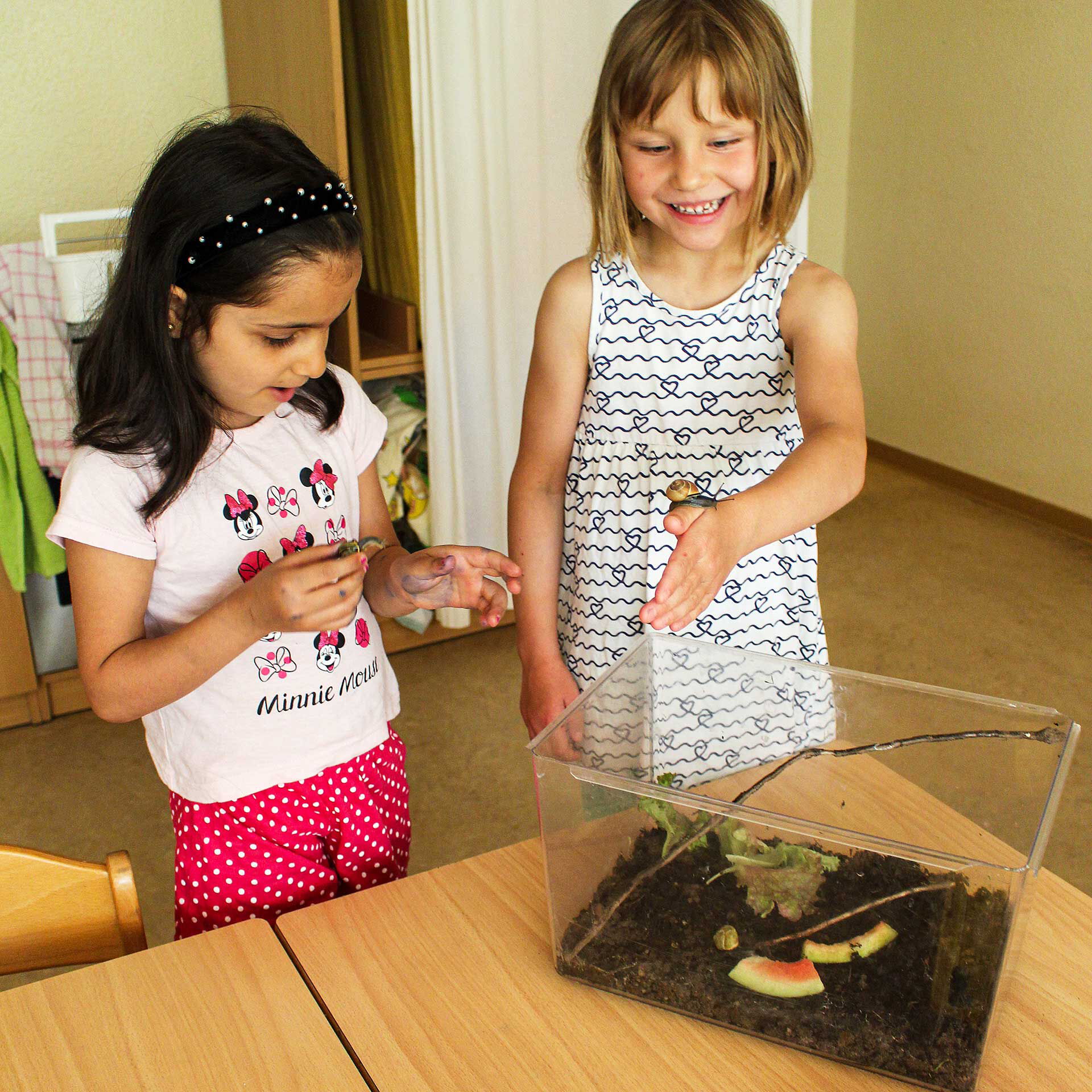 In einem Terrarium auf einem Tisch sind Schnecken. Zwei Mädchen haben Schnecken auf ihrem Arm.